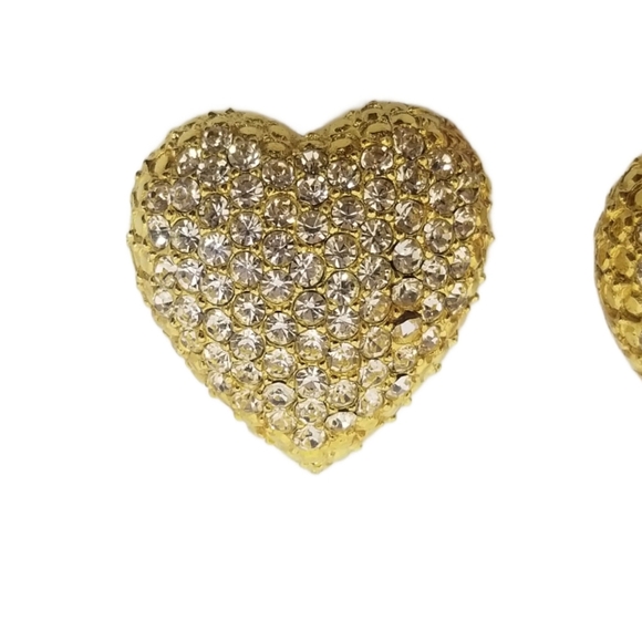 VINTAGE 1980S LARGE GOLDTONE & PAVE CRYSTAL HEART CLIP ON EARRINGS - Picture 4 of 6